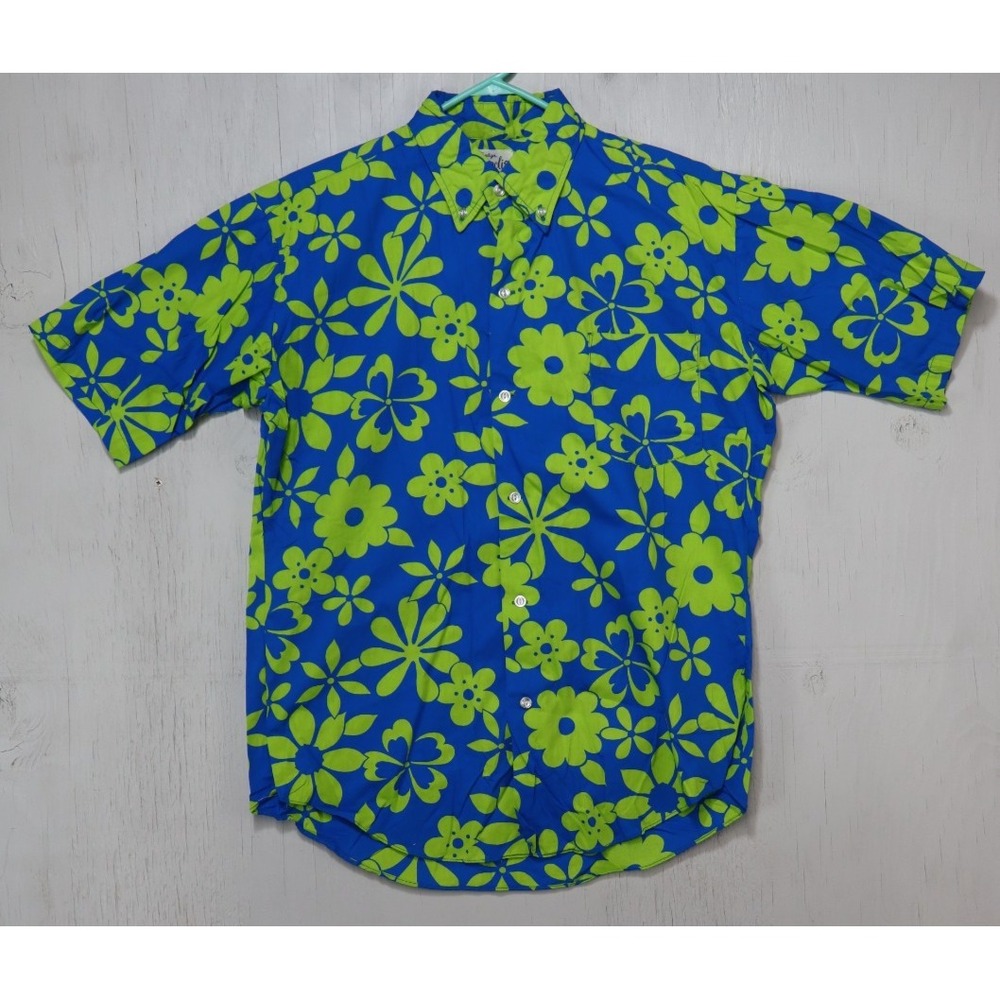 Mens Vintage Evelyn Margolis Hawaii Shirt Blue Green Floral Button Up Size XL